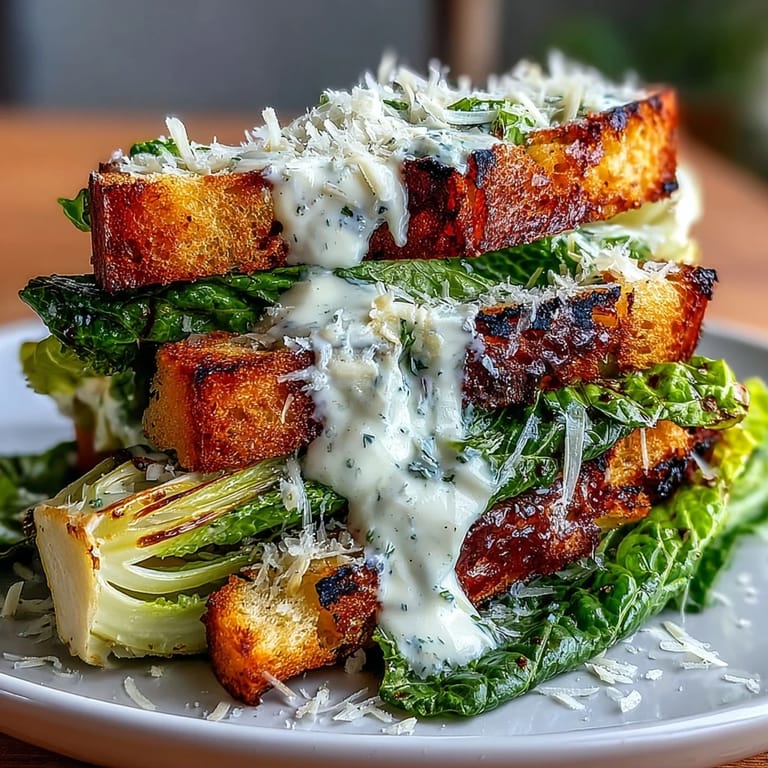 Hearty grilled Caesar salad with warm, smoky greens and fresh dressing.