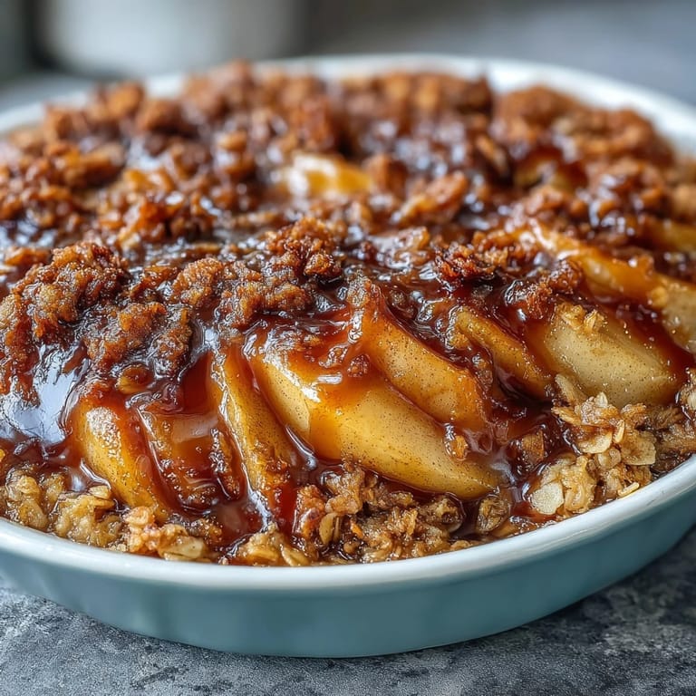 Decadent whiskey caramel apple crisp, baked golden and ready to serve.
