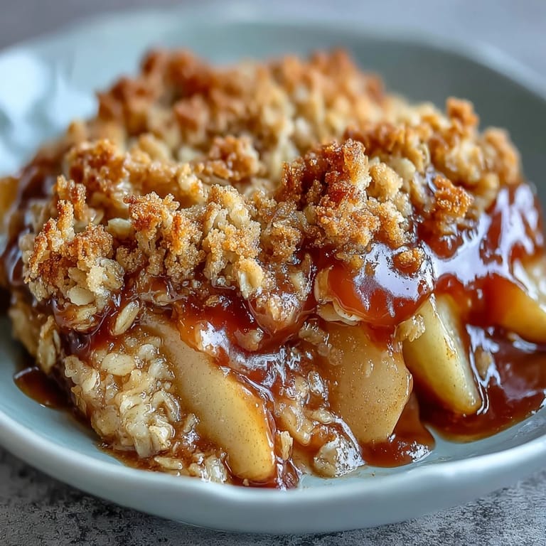 A tempting slice of Father's Day Whiskey Caramel Apple Crisp oozing caramel.