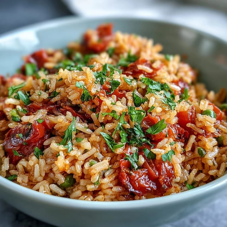 Savory Classic Spanish Rice dish, topped with fresh parsley and lemon zest.