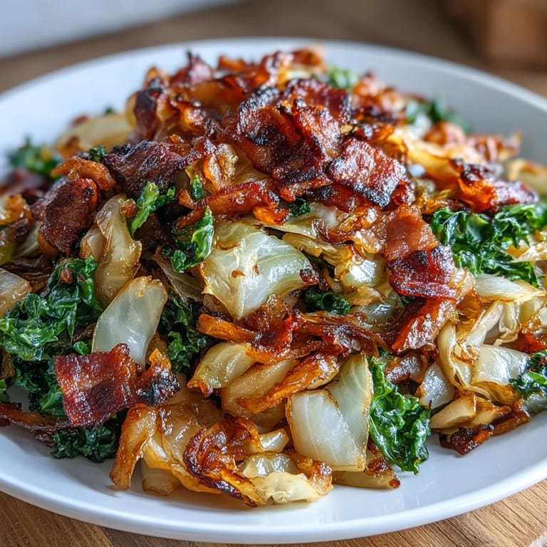 Tender sauteed cabbage, smoky bacon, and sweet onions in a photo.