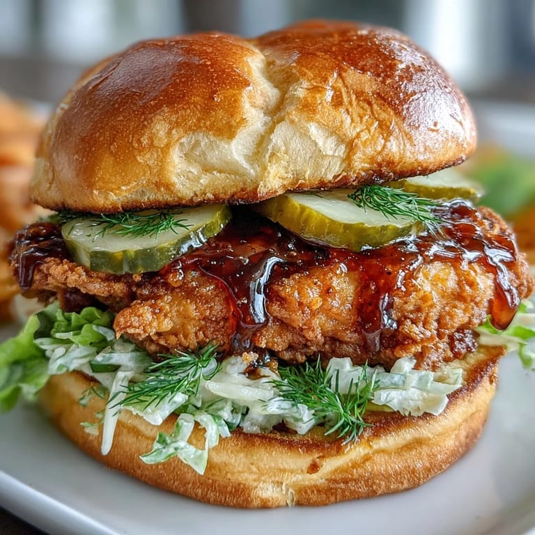 Close-up of a stacked crispy hot honey chicken sandwich, a perfect American meal.