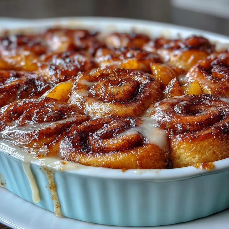 Warm Peach Cobbler Cinnamon Roll Casserole with melted icing and pecans.