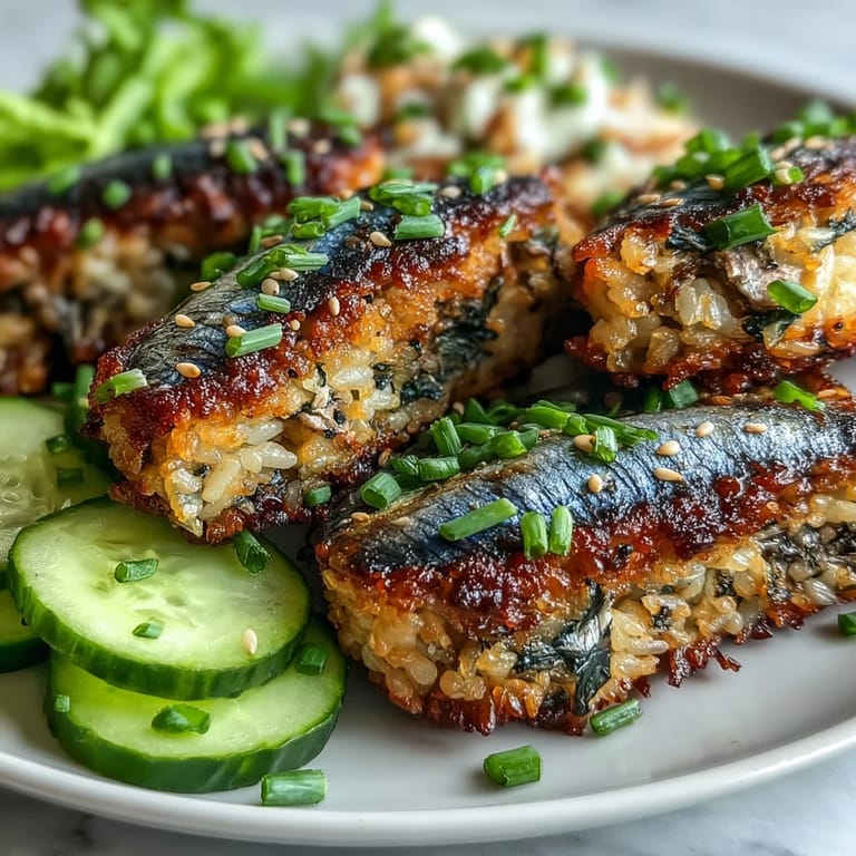 Easy appetizer: warm crispy rice cakes piled high with seasoned sardine spread.