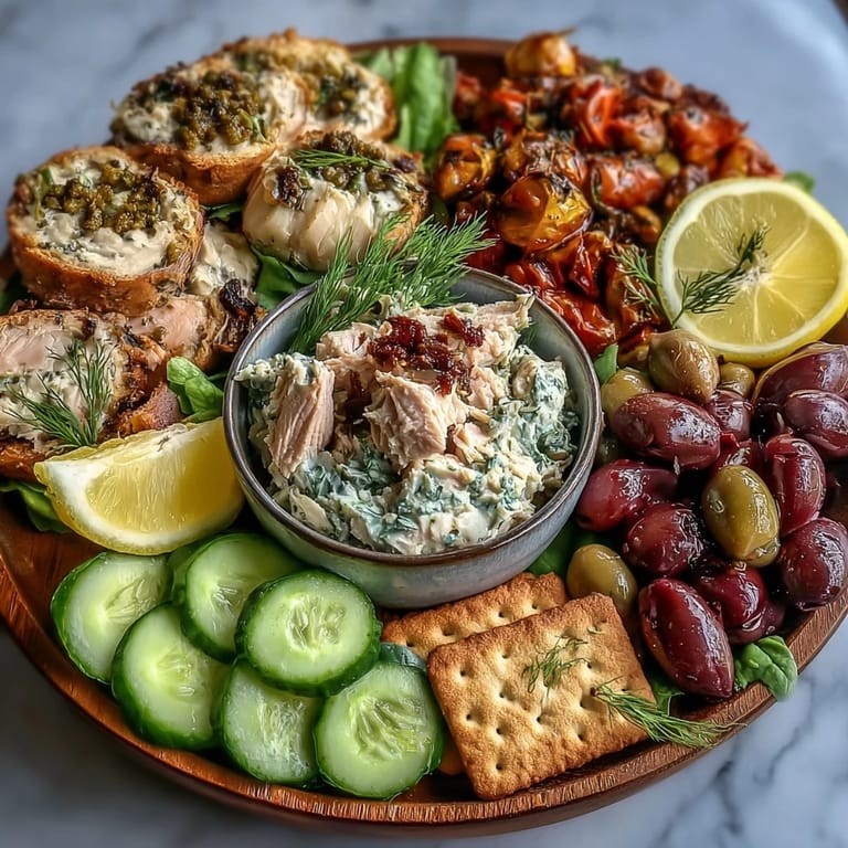 Artfully arranged tinned fish picnic board, bursting with fresh Mediterranean flavors and herbs.