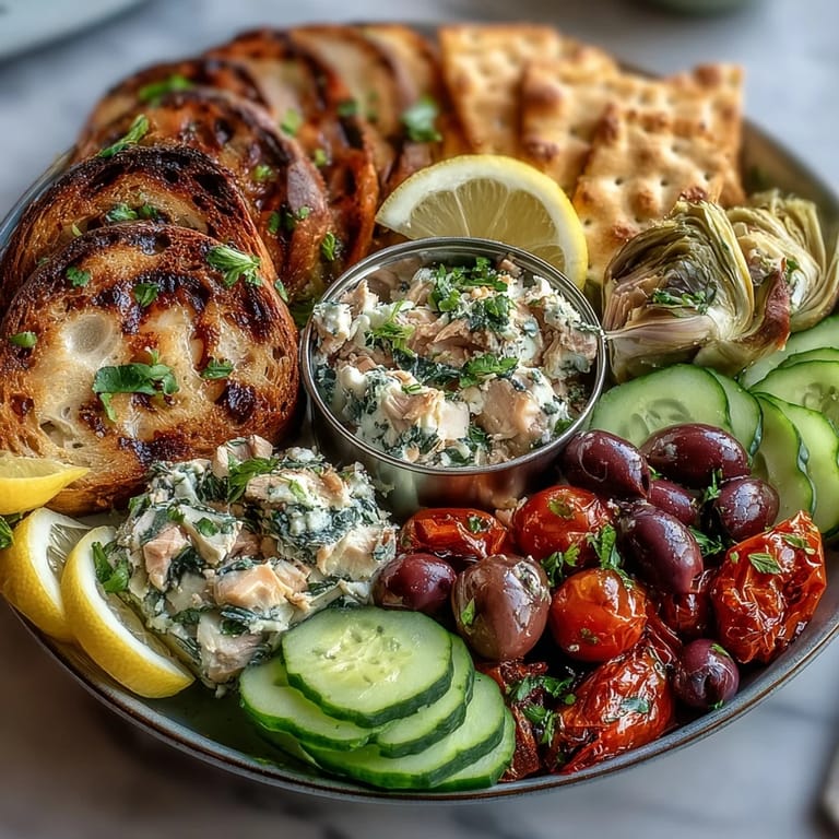 Easy Lemon Herb Tinned Fish appetizer board, perfect for sunny outdoor gatherings.