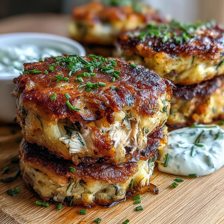 Flaky mackerel potato cakes, golden and tender, with a fresh dill yogurt drizzle.