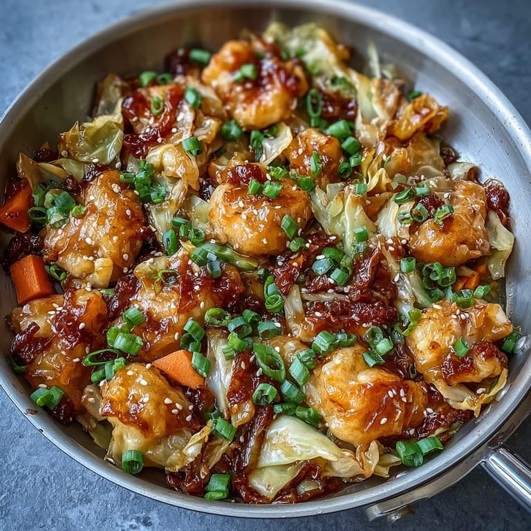 Vibrant skillet of sautéed cabbage and dumplings topped with spicy honey drizzle.