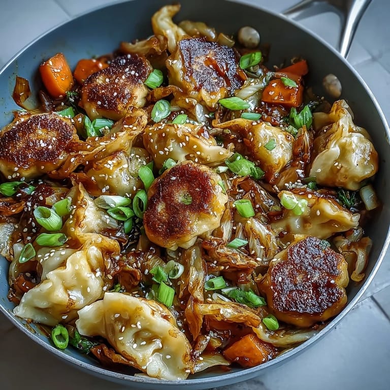 Tender, caramelized cabbage and dumplings finished with a sticky hot honey glaze.