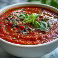 A chilled bowl of Slim Summer Gazpacho with vibrant cucumber, tomato, and bell pepper chunks, garnished with fresh herbs and olive oil drizzle.