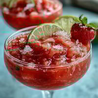 Light strawberry daiquiri slushies served in chilled glasses, garnished with fresh strawberry slices and lime wedges for a refreshing summer cocktail.