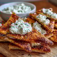 Crispy homemade pita chips with creamy tzatziki dip, perfect for a light Mediterranean snack.