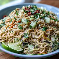 A vibrant bowl of cold sesame noodles topped with crisp cucumber slices and fresh herbs, drizzled with creamy sesame sauce.  