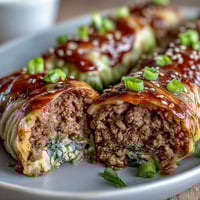 Korean cabbage rolls filled with spicy ground beef and steamed to tender perfection, served with a savory dipping sauce.