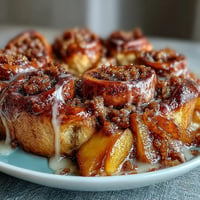 Gooey Peach Cobbler Cinnamon Roll Casserole bubbling in a baking dish.